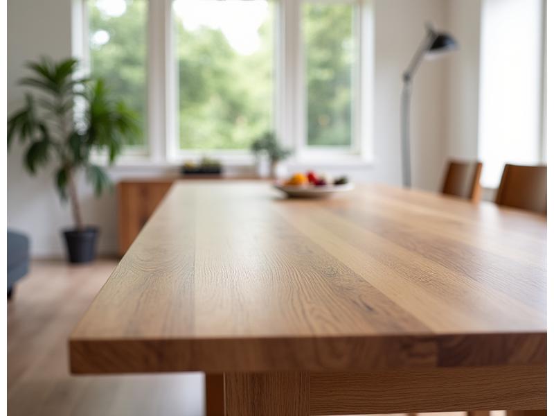 Met de hand vervaardigde, op maat gemaakte houten tafel in een modern interieur.